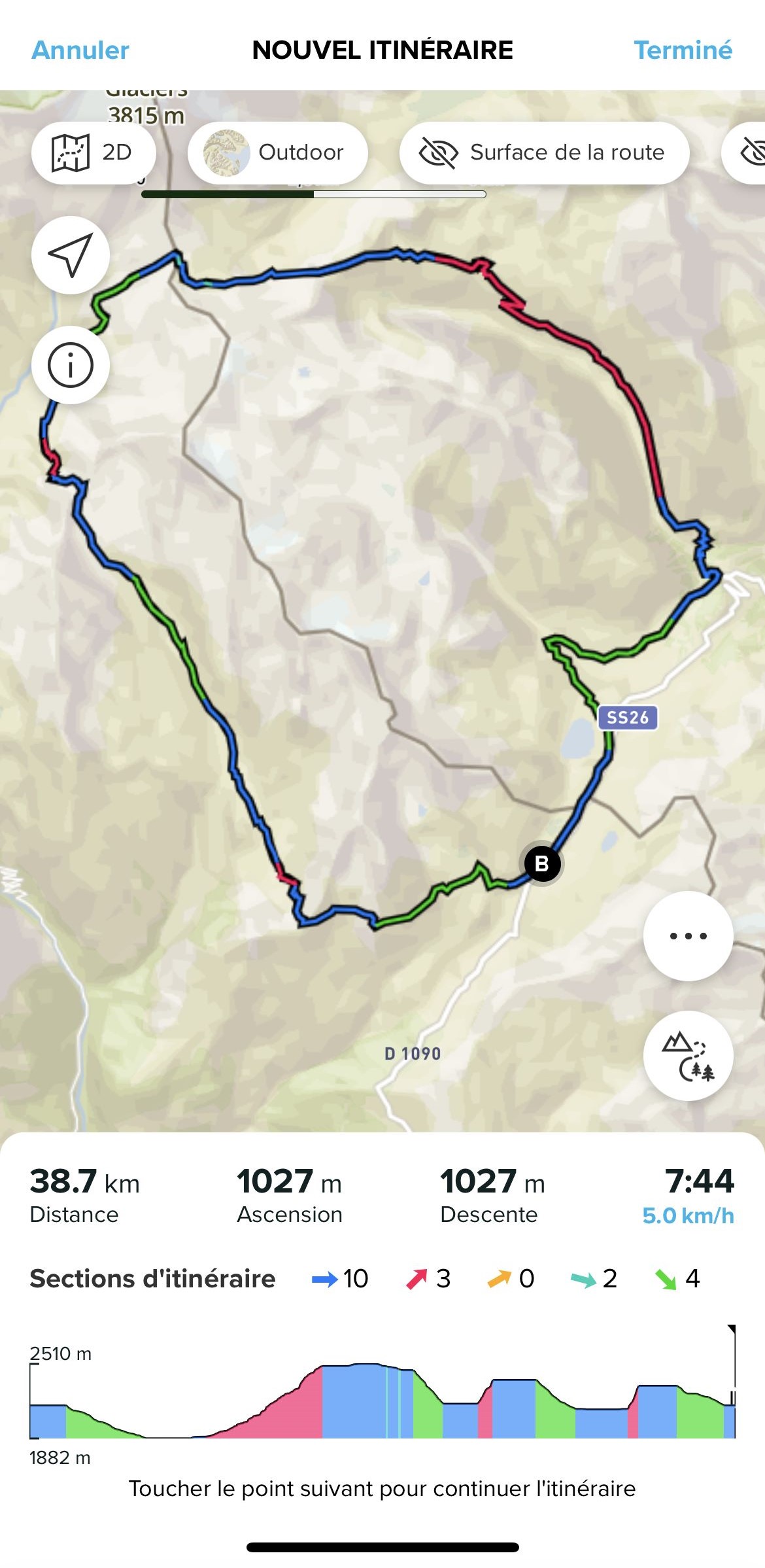 sections d'itinéraire de l'appli