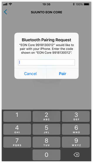 Passkey notification when pairing EON Steel and Core with Suunto app for iOS.